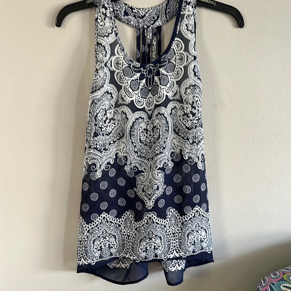 Elodie Blue and White Asymmetrical Tie Front Tank Top